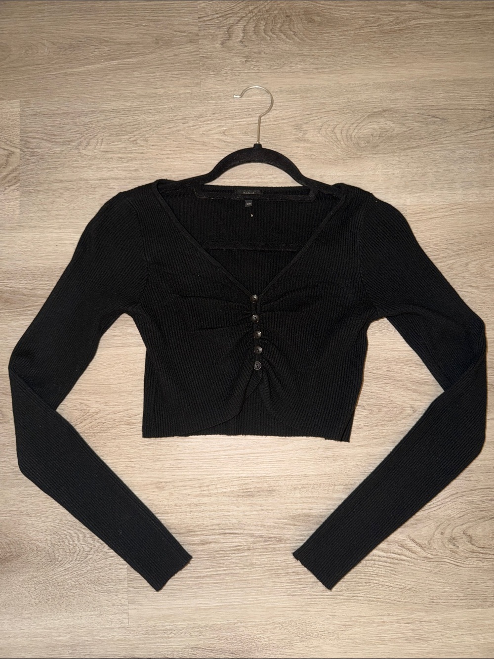 debut Black Ribbed Cropped Long Sleeve Top with Ruched Button Front